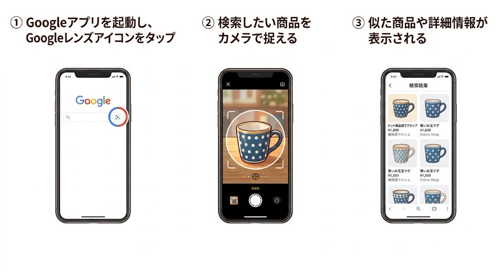 Googleレンズでの相場検索手順：①Googleアプリを起動しGoogleレンズアイコンをタップ　②検索したい商品をカメラで捉える　③似た商品や詳細情報が表示される