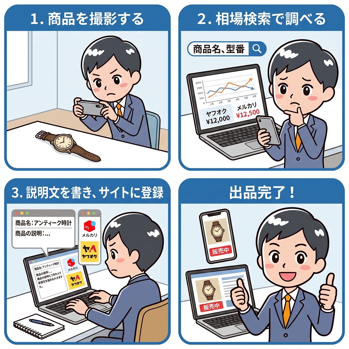 ネット出品の流れ：1.商品を撮影する／2.相場検索で調べる／3.説明文を書きサイトに登録／4.出品完了