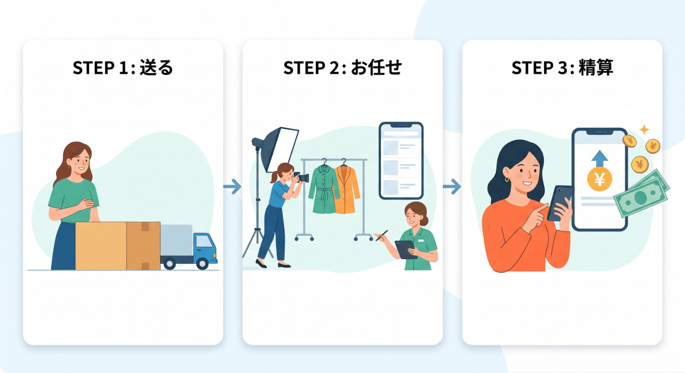 代行出品の流れ：STEP1 送る／STEP2 お任せ（撮影・採寸・原稿作成から出品・販売まで代行）／STEP3 精算（売れたら発送も代行、売上をお支払い）