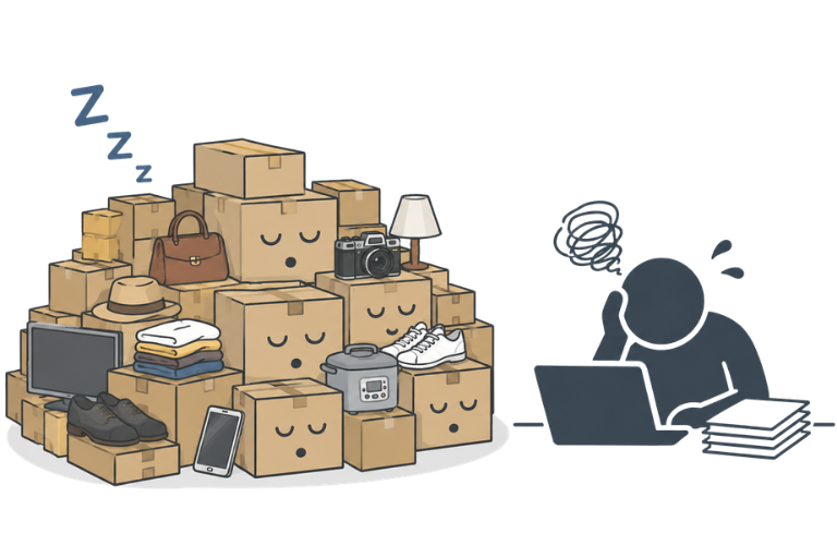 出品作業が追いつかず、眠ったままの在庫に悩むイメージ
