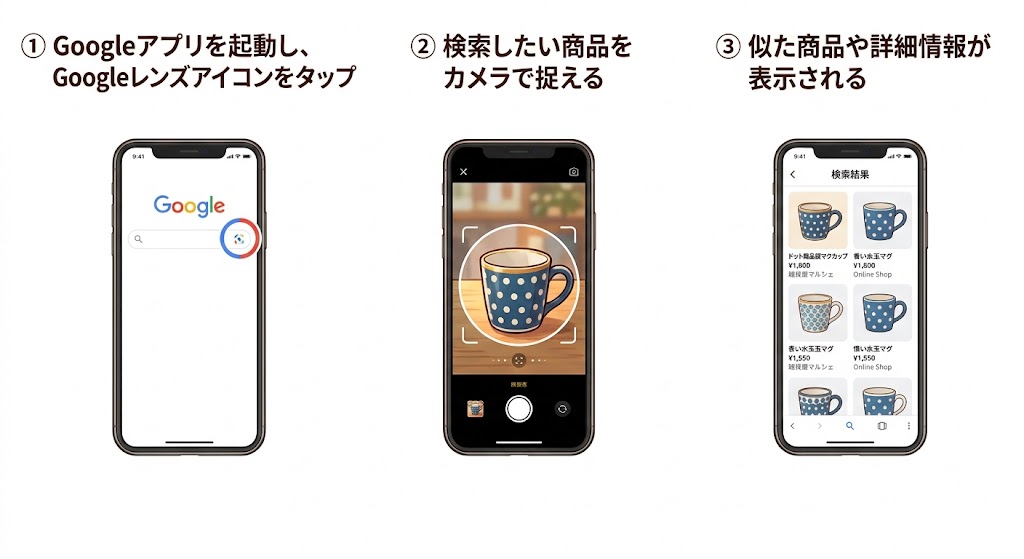 Googleレンズでの相場検索手順：①Googleアプリを起動しGoogleレンズアイコンをタップ　②検索したい商品をカメラで捉える　③似た商品や詳細情報が表示される